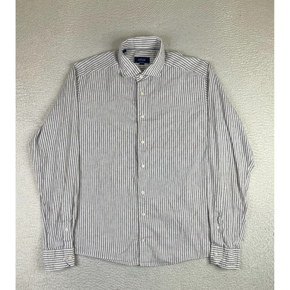 Eton Dress Shirt Mens 17.5 34/35 XL Gray Stripe Contemporary Cotton Linen‎ LS